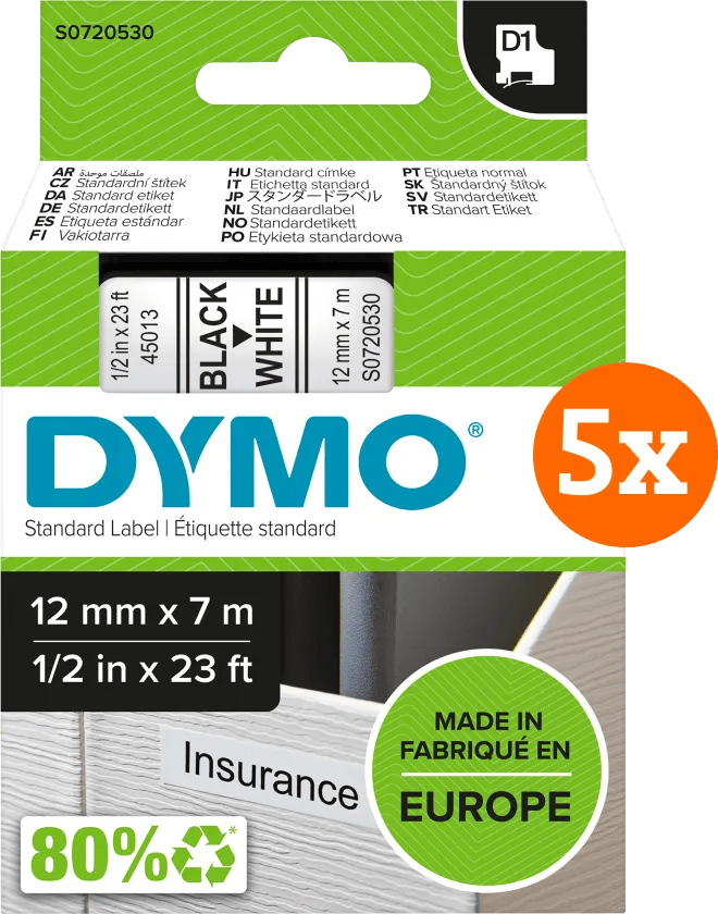 DYMO D1 12mm x 7m Zwart Wit Labels 5-pack