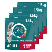 4x Purina ONE Kattenvoer Droog Adult Rund - Volkoren Granen 1,5 kg