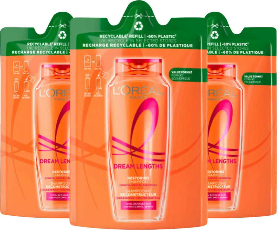 3x L'Oréal Elvive Dream Lengths Shampoo Refill 250 ml