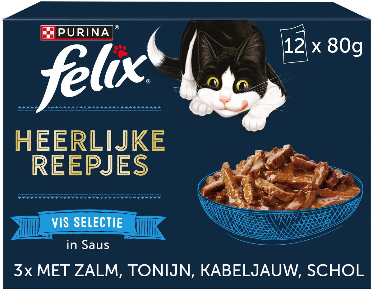 4x Felix Kattenvoer Nat Heerlijke Reepjes Vis Selectie 12 x 80 gr