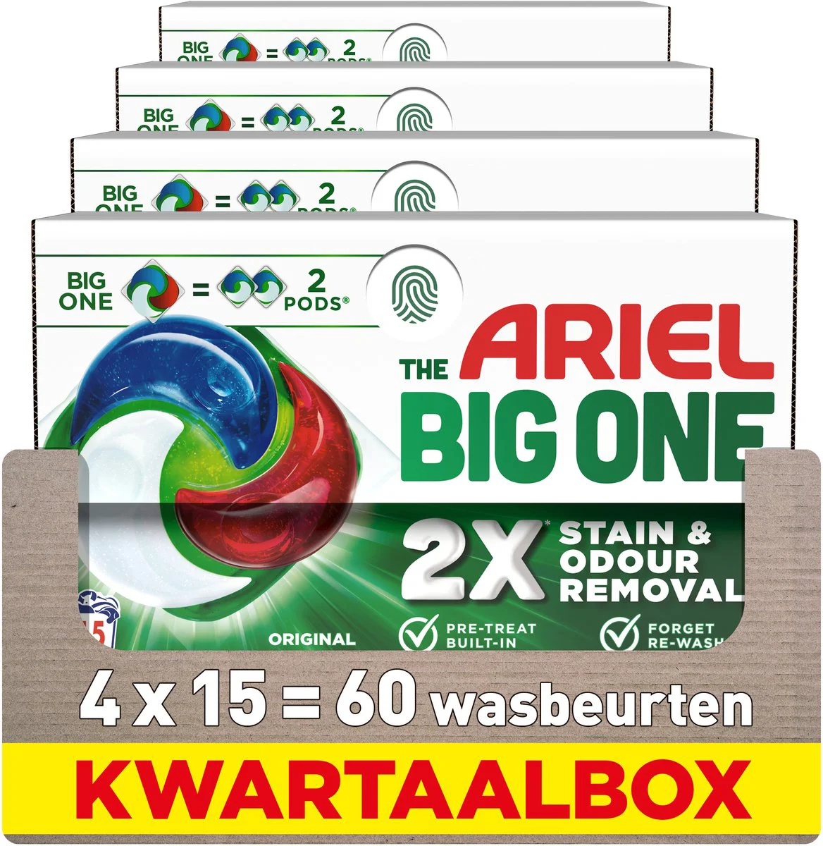 4x Ariel 3in1 Wasmiddel Pods The Big One Original 15 stuks