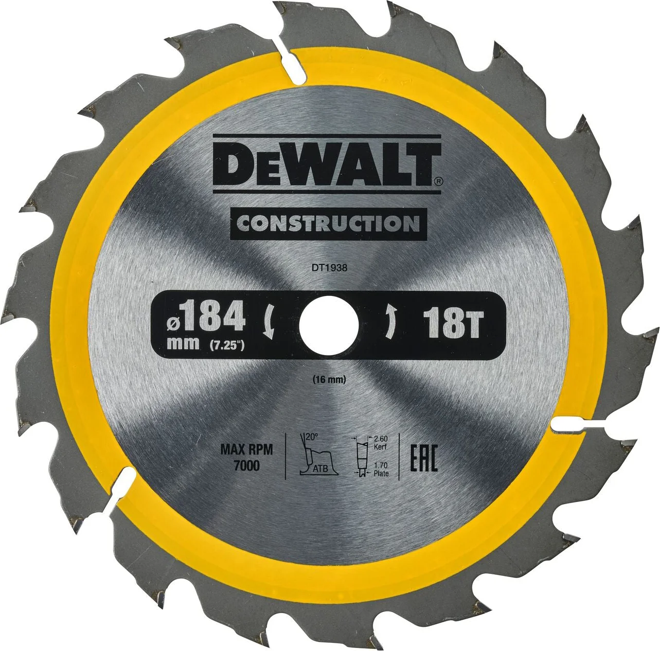 DeWALT Cirkelzaagblad voor Hout | Construction | Ø 184mm Asgat 16mm 18T - DT1938-QZ