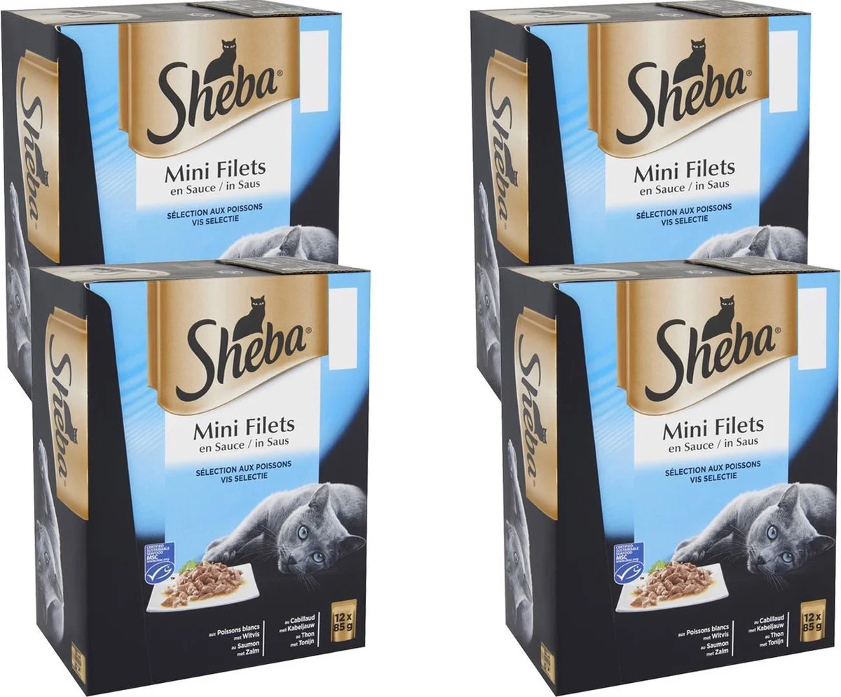 4x Sheba Mini Filets Adult Kattenvoer Natvoer Vis Selectie Maaltijdzakjes 12 x 85 gr