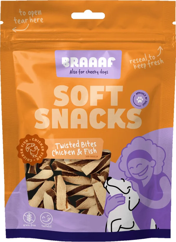 Braaaf Hondensnack Twisted Bites Kip - Vis 85 gr