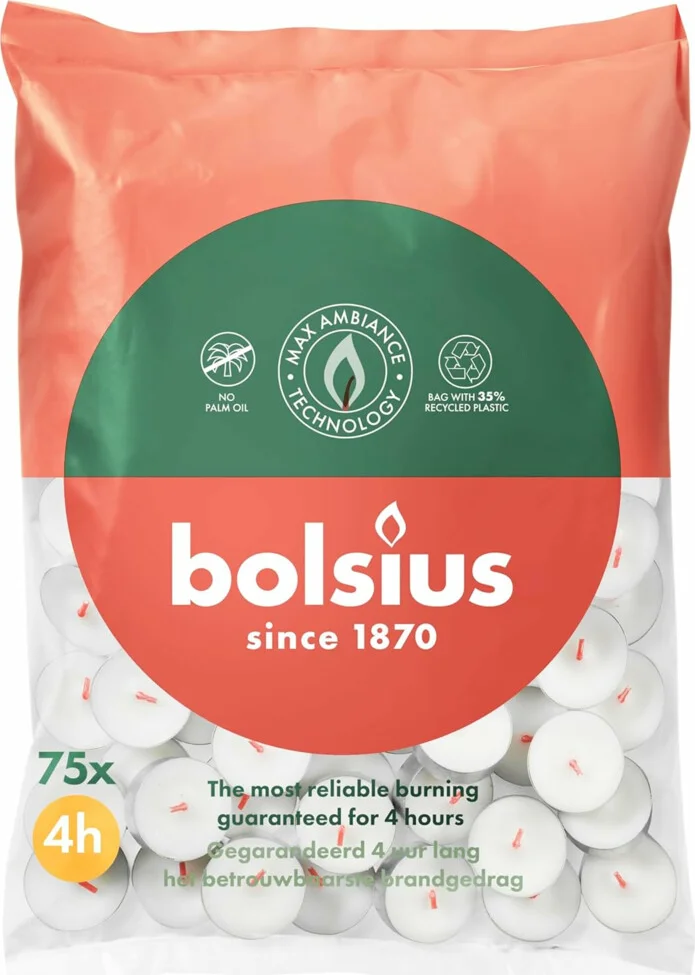 Bolsius Theelichten Wit 4 branduren 75 stuks