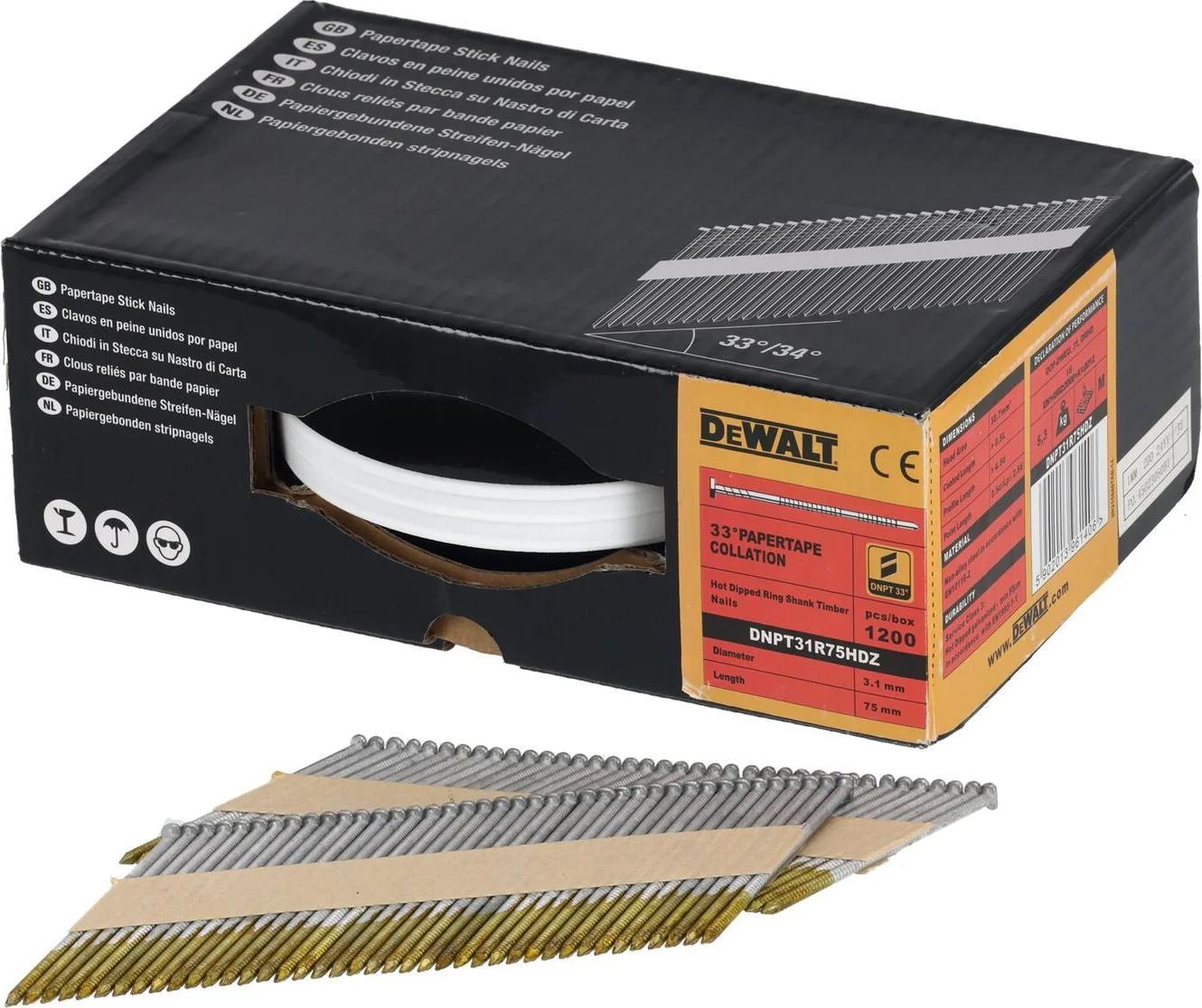 DeWALT DNPT31R75HDZ 33º Papiergebonden Spijkers 3.1x75mm Thermisch verzinkt / Geringd VE=1200