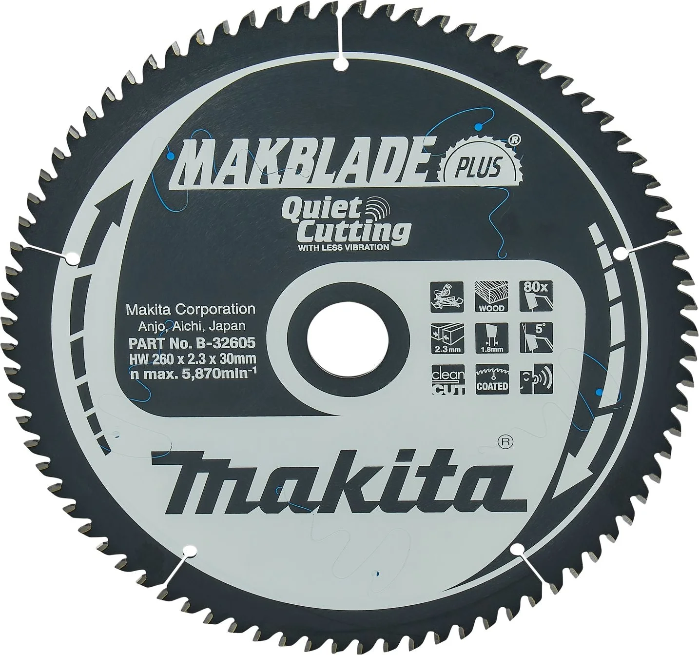 Makita Afkortzaagblad voor Hout | Makblade-Plus | Ø 260mm Asgat 30mm 80T - B-32605