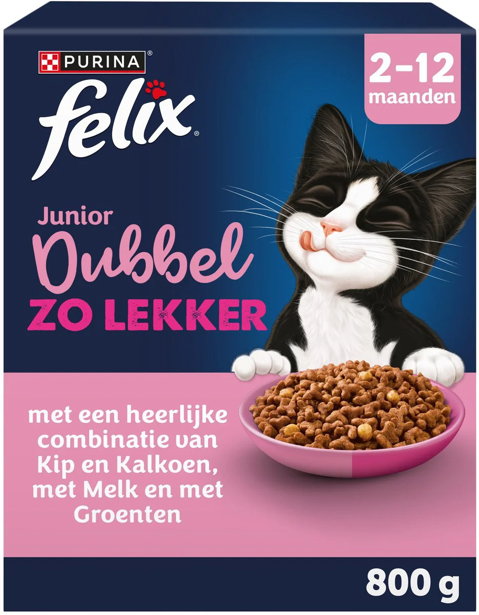 5x Felix Kattenvoer Droog Dubbel Zo Lekker Junior Kip, Kalkoen, Melk en Groenten 800 gr