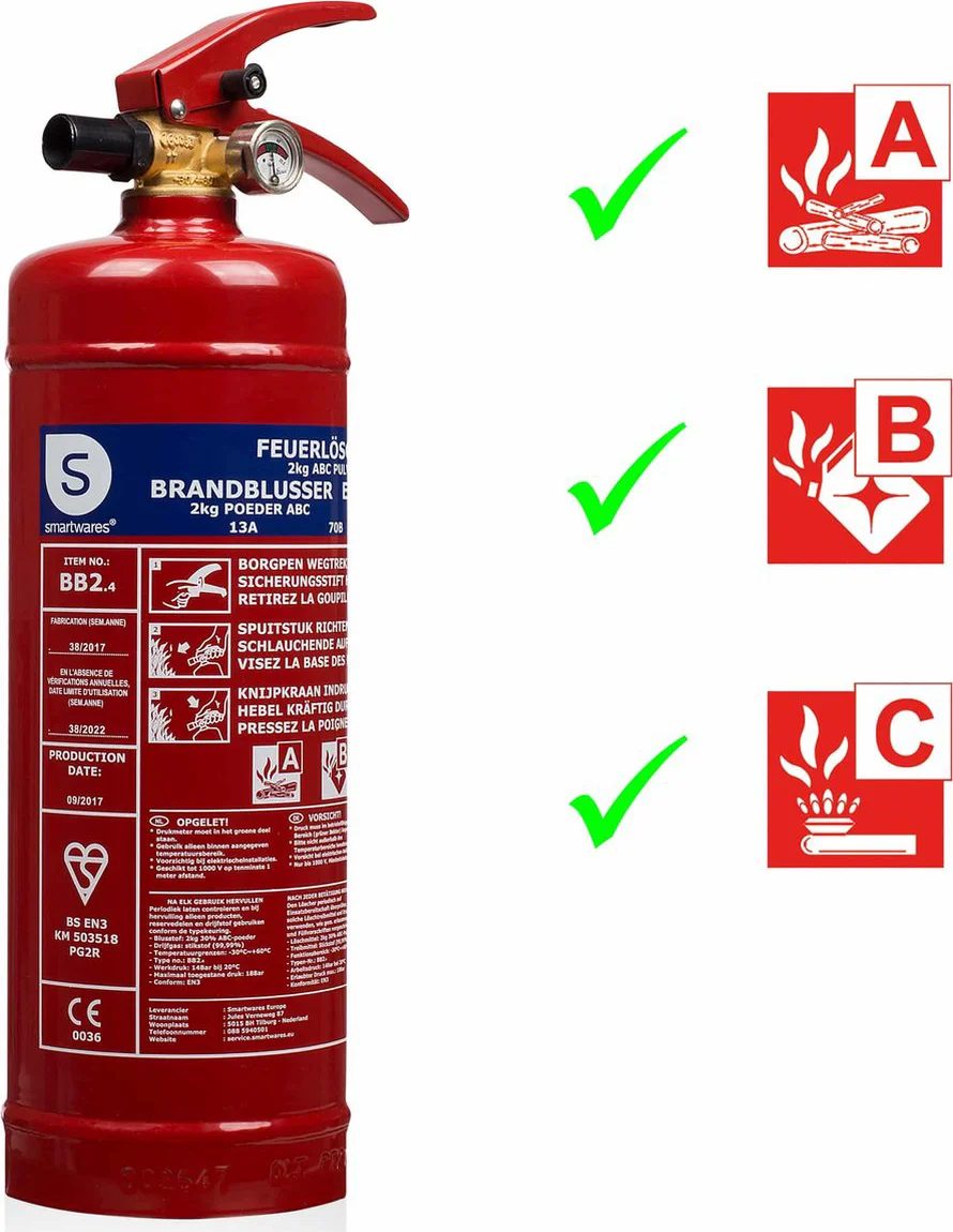 Smartwares 10.014.68 - Brandblusser Poeder 2kg - Incl ophangbeugel - Brandklasse ABC - BSI Gecertificeerd