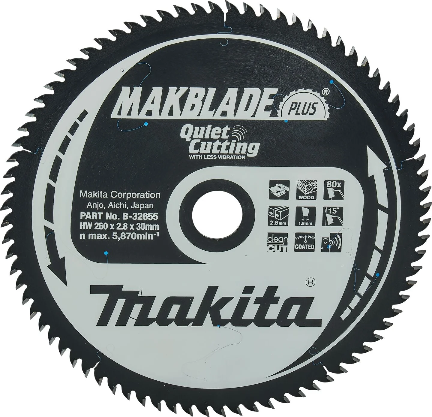 Makita Tafelzaagblad voor Hout | Makblade-Plus | Ø 260mm Asgat 30mm 80T - B-32655