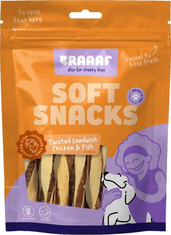 Braaaf Hondensnack Twisted Sandwich Kip - Vis 85 gr
