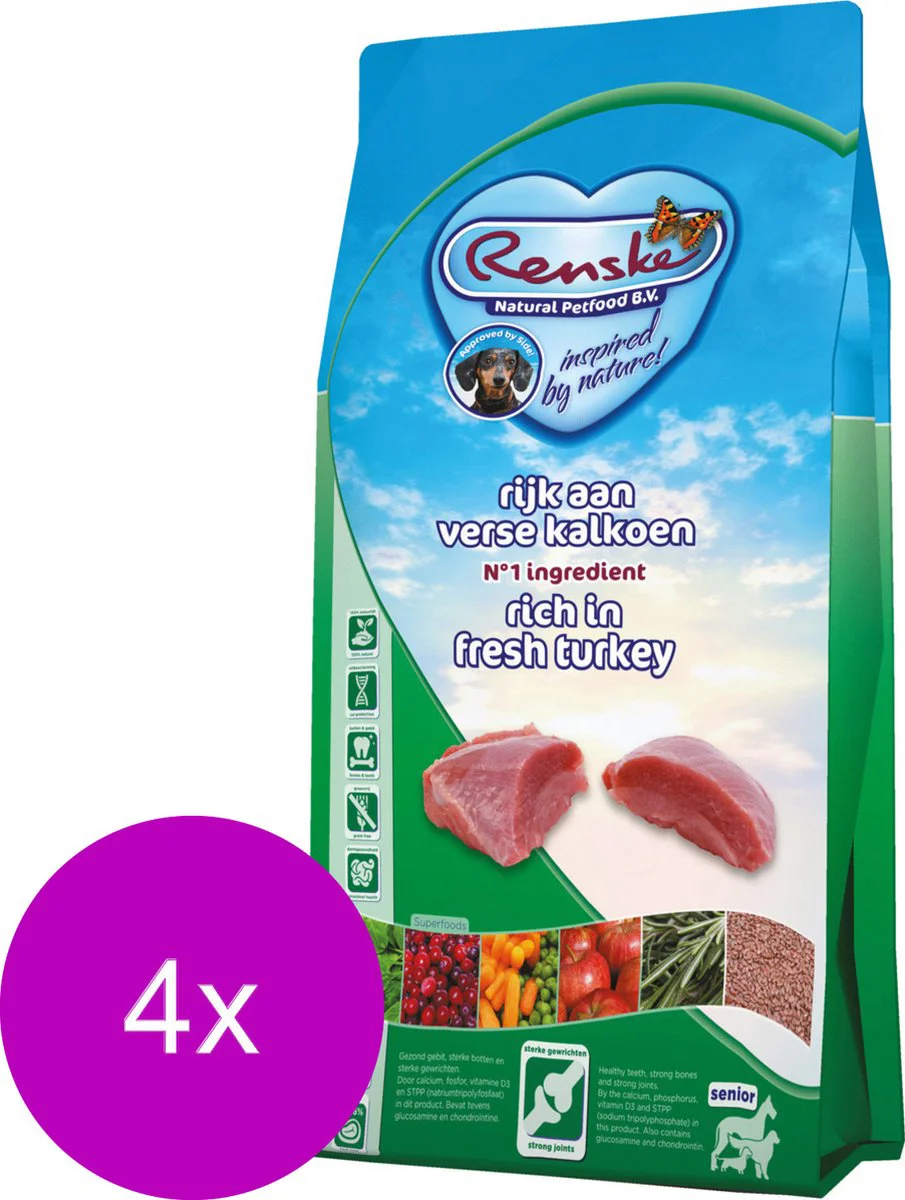 4x Renske Super Premium Graanvrij Senior Hondenvoer Kalkoen 2 kg