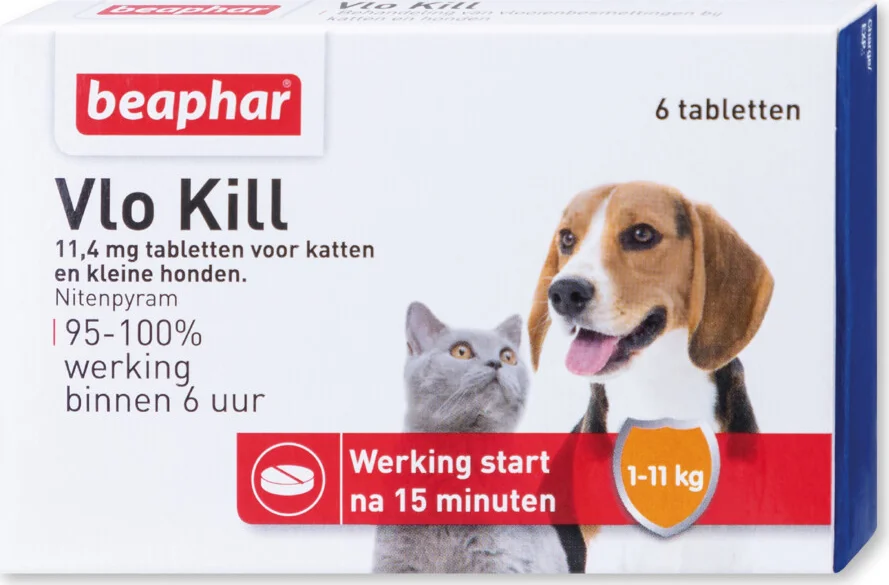 2x Beaphar Vlo Kill Anti Vlooien Tabletten Hond/Kat 1 -11 kg 6 tabletten