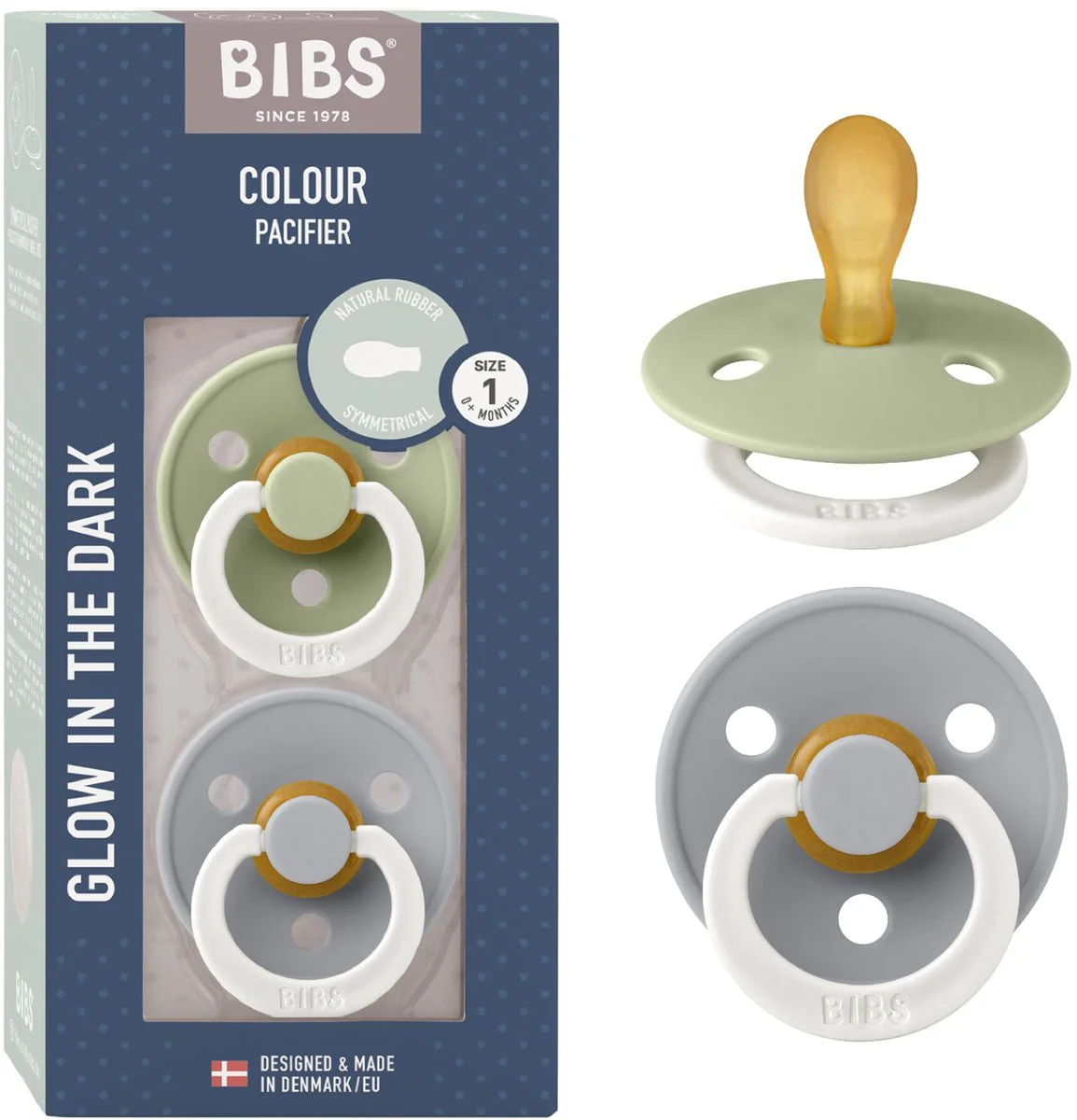 BIBS Glow Fopspeen 0-6 Maanden Symmetrical Sage/Cloud 2ST