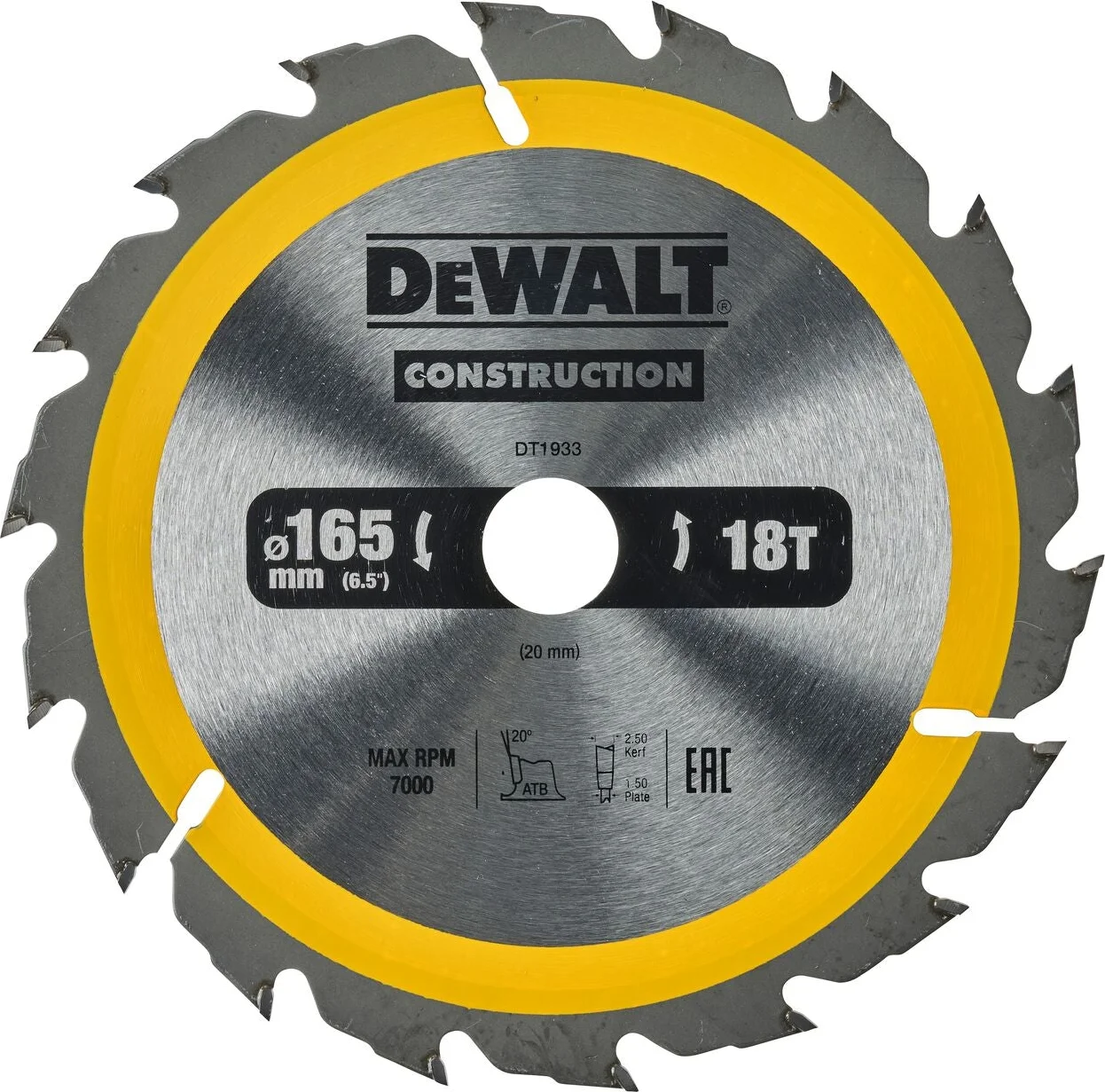 DeWALT Cirkelzaagblad voor Hout | Construction | Ø 165mm Asgat 20mm 18T - DT1933-QZ