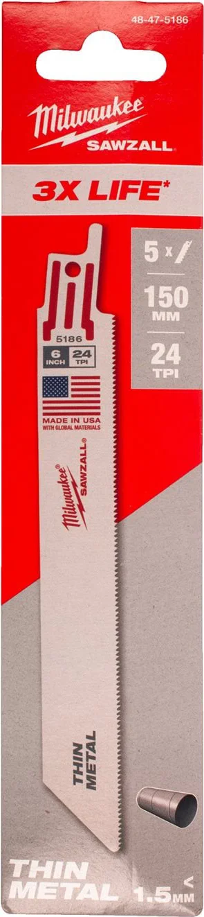 Milwaukee Reciprozaagblad metaal Thin Kerf 150 mm 25-Tpi VE=5 - 48475186
