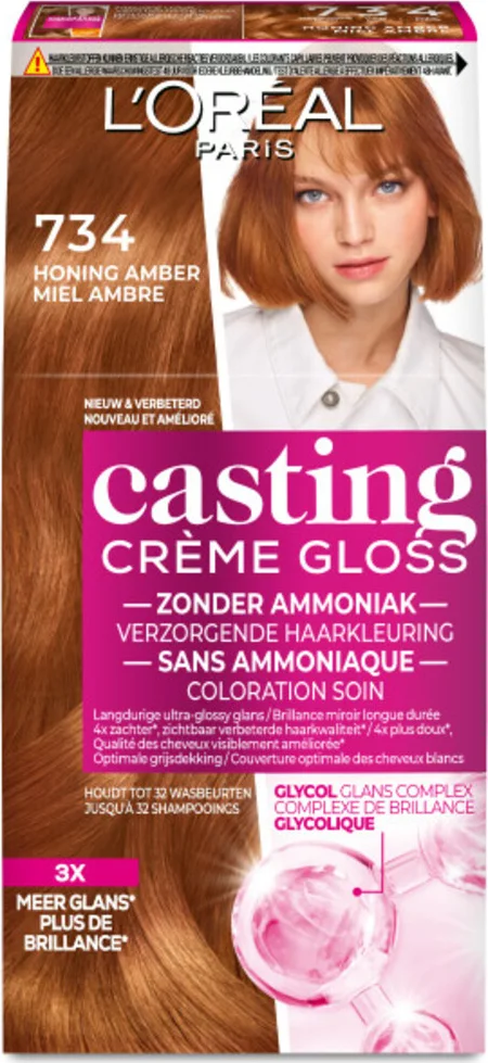 2x L'Oréal Casting Crème Gloss Semi-Permanente Haarkleuring 734 Midden Goud Koperblond