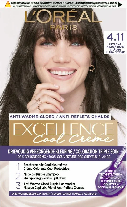 3x L'Oréal Excellence Cool Crème Permanente Crèmekleuring 4.11 - Ultra As Middenbruin