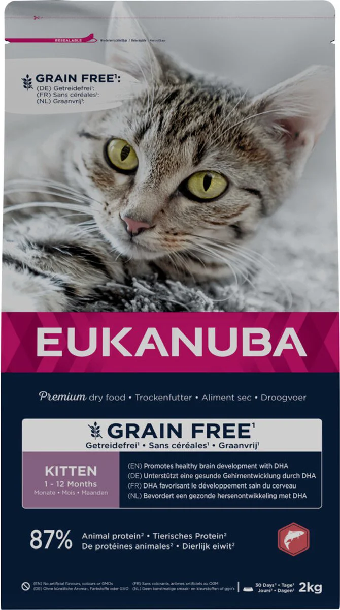 4x Eukanuba Kattenvoer Droog Kitten Graanvrij Zalm 2 kg