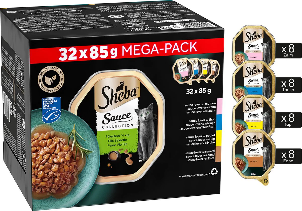 Sheba Sauce Collection Kattenvoer Natvoer Mix Selectie in Saus Kuipjes 32 x 85 gr