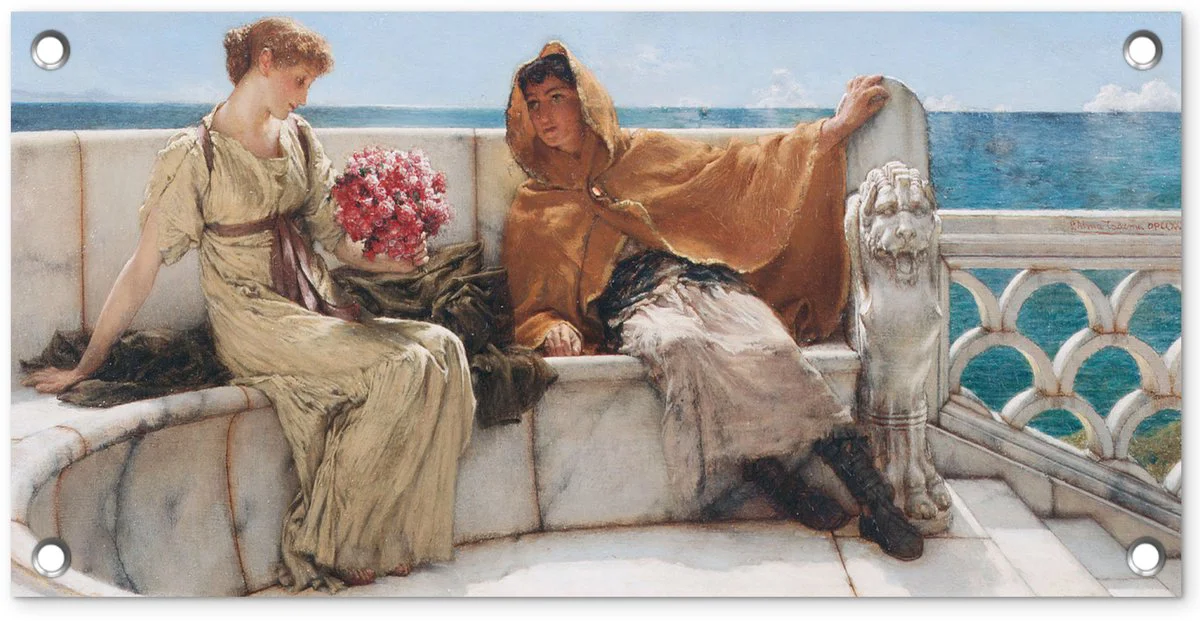 Tuinposter 60x30 cm - Tuindecoratie Amo te, Ama me - Lawrence Alma Tadema - Poster voor in de tuin - Buiten decoratie - Schutting tuinschilderij - Tuindoek muurdecoratie - Wanddecoratie balkondoek