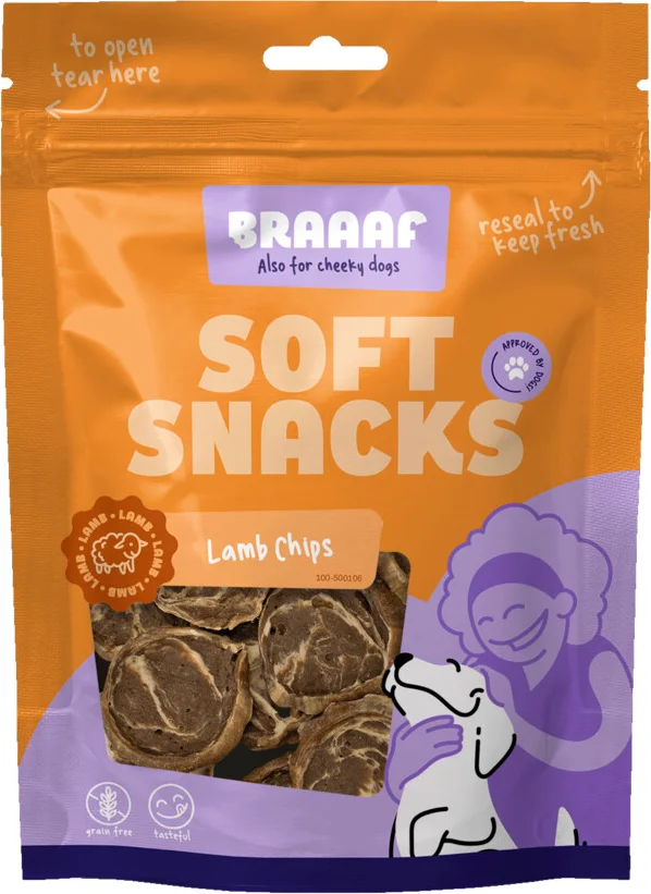10x Braaaf Hondensnack Chips Lam Steak - Vis 85 gr