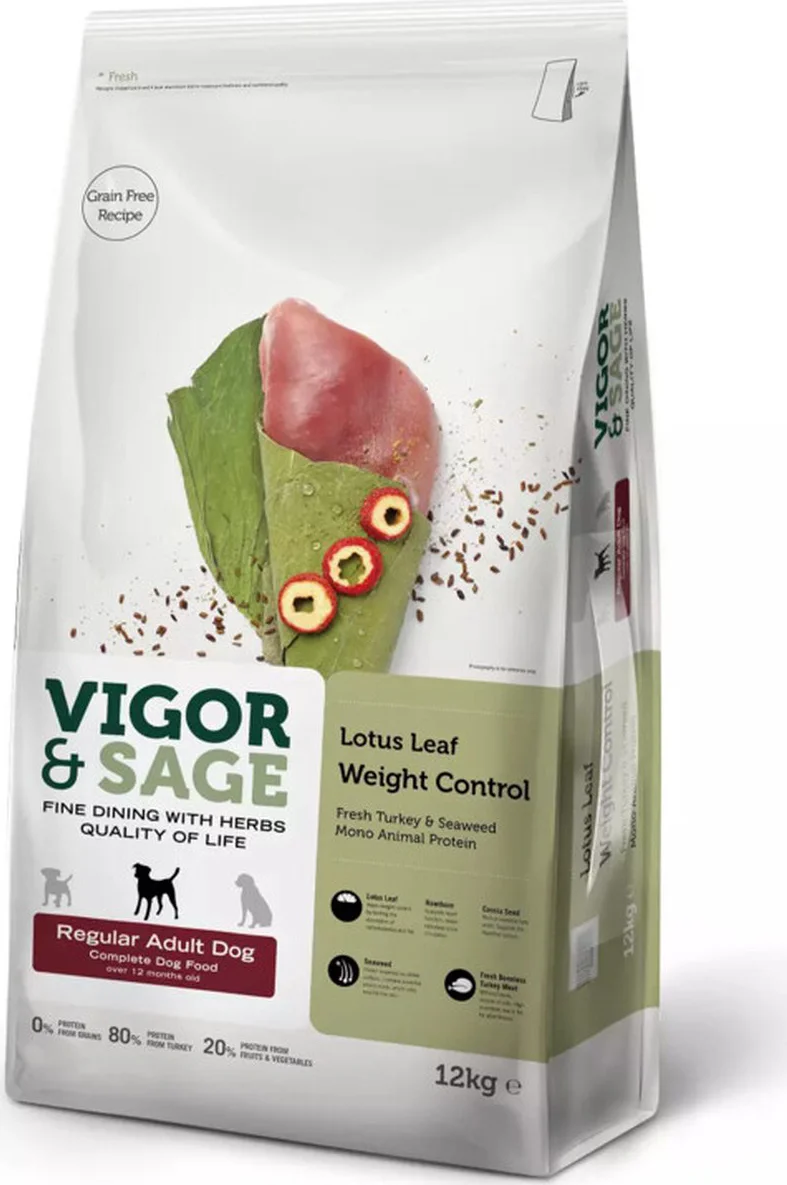 Vigor & Sage Hondenvoer Regular Weight Control Lotus Leaf 12 kg