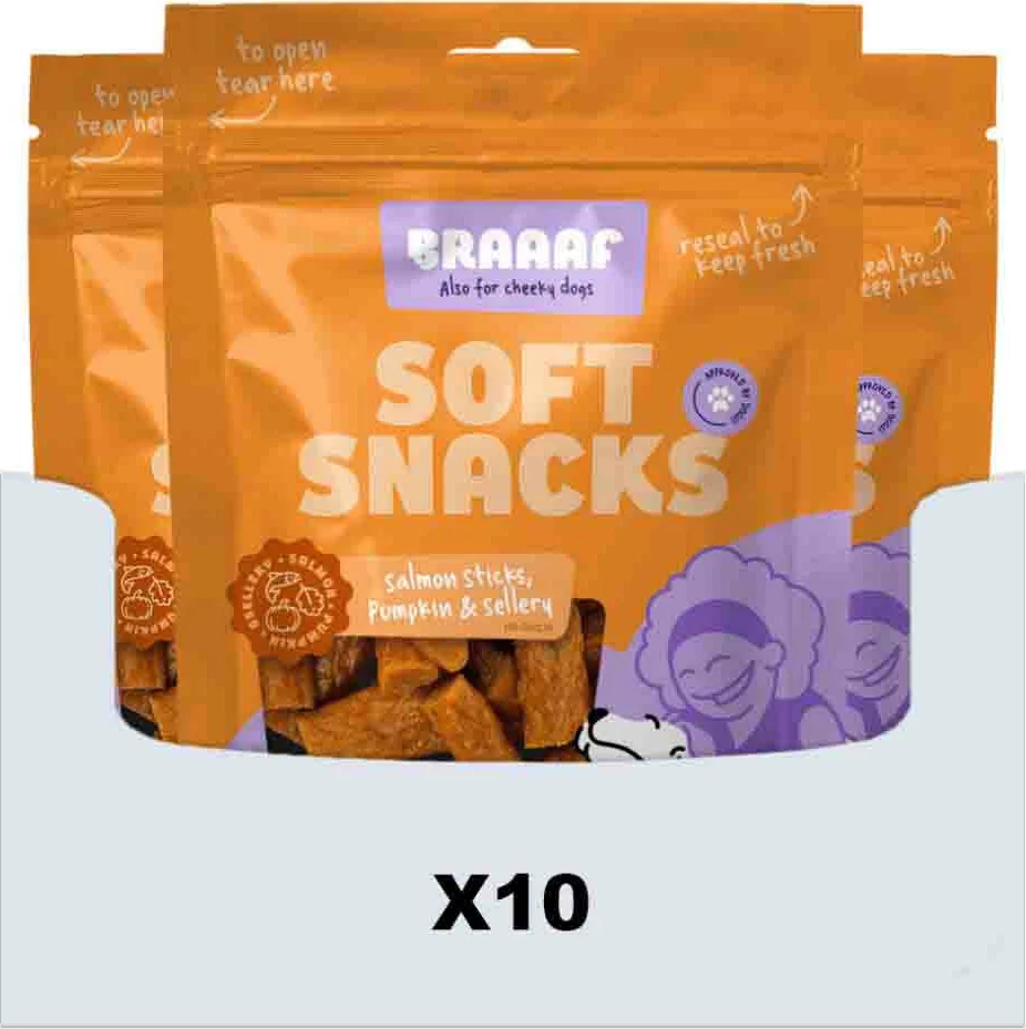 10x Braaaf Hondensnack Sticks Zalm - Pompoen - Selderij 85 gr