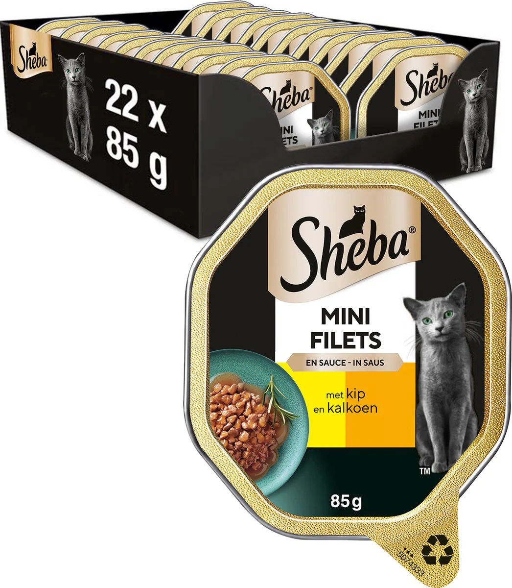 22x Sheba Mini Filets Adult Kattenvoer Natvoer Kip en Kalkoen in Saus Kuipjes 85 gr