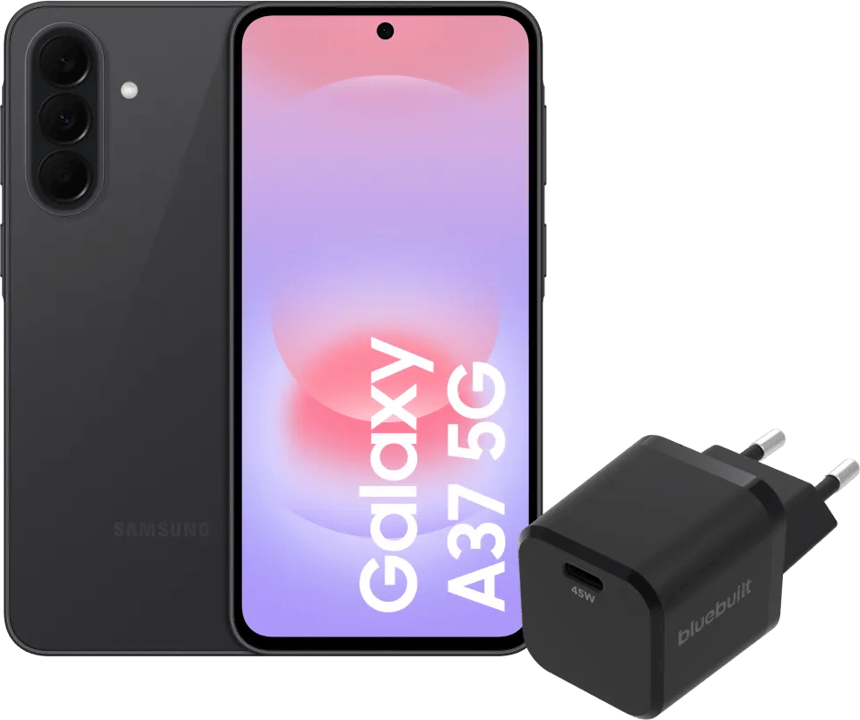 Samsung Galaxy A37 128GB Zwart 5G + BlueBuilt Oplader met Usb C Poort 45W Zwart