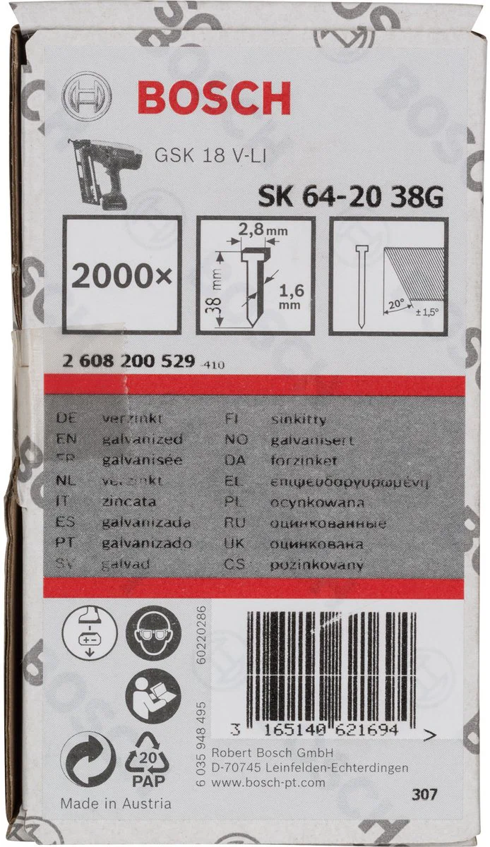Bosch Professional Afwerknagel verzinkt 38mm 20° 16Ga VE=2000 - 2608200529