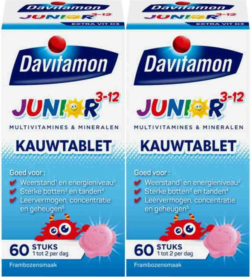 2x Davitamon Junior 3+ Kauwvitamines Framboos 60 kauwtabletten