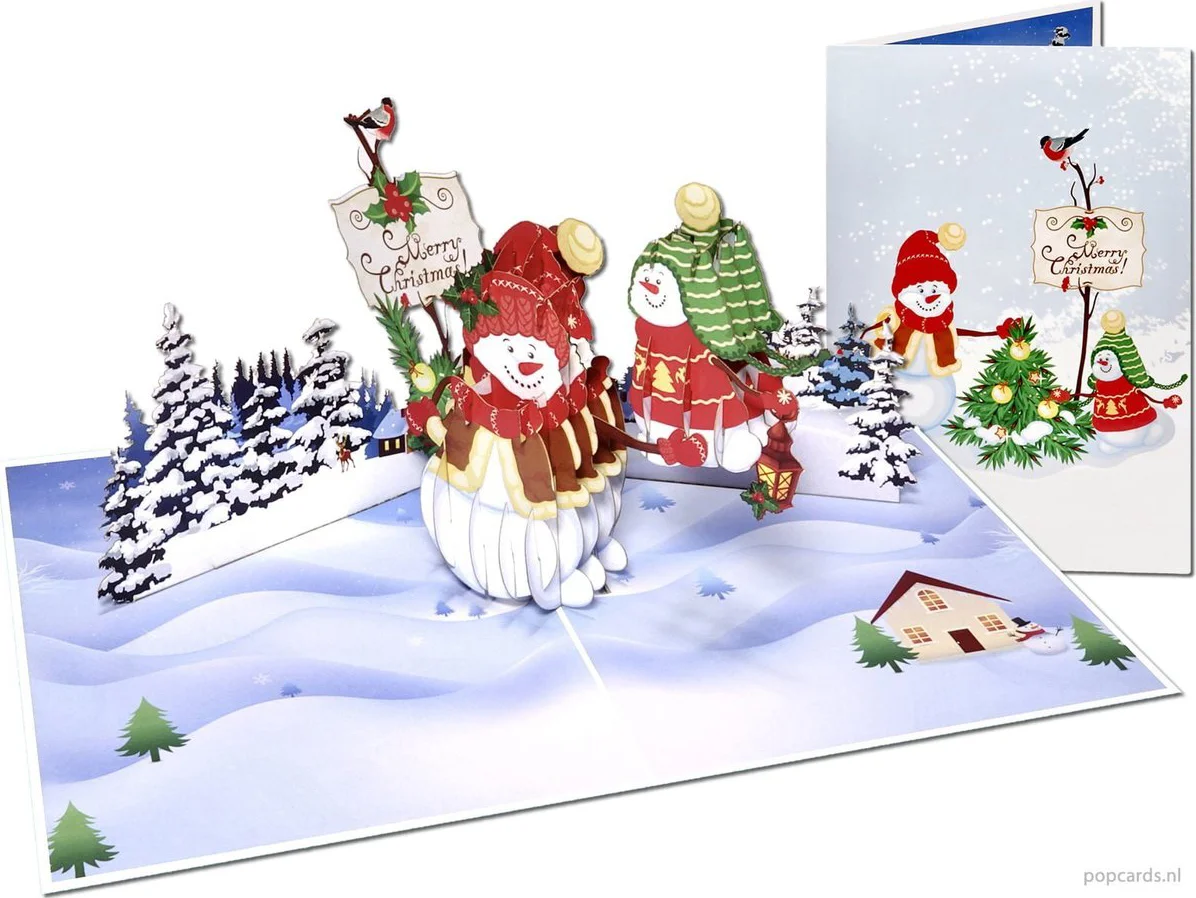 Popcards.nl pop-up kaart – Vrolijke 3D Kerstkaart met grappige sneeuwpoppen, sneeuw, Merry Christmas pop-up kaart 3D wenskaart