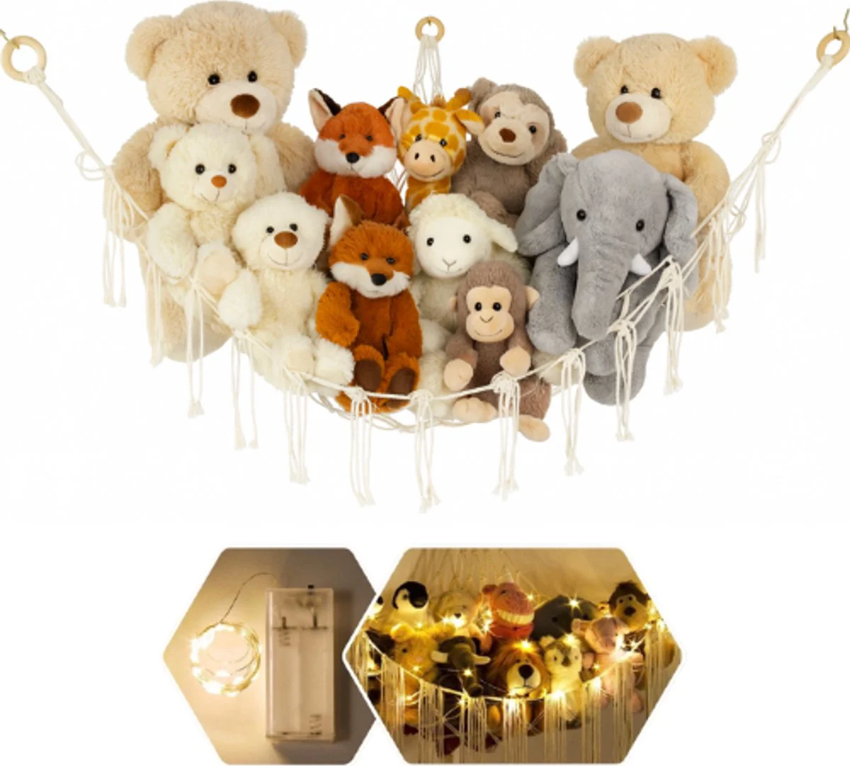 Knuffel Hangmat MET verlichting incl. montagetools | Opbergnet Knuffels | Opbergzak Hangen / Hangend | Plush Net | Opberger / Opbergsysteem voor knuffel | Toy Hammock
