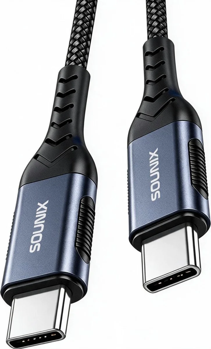 Sounix USB C kabel met E-marker - USB C 3.2 Gen 2 - 20Gbps - 8K60Hz - 5A 100W Snellader - Datakabel en Oplaadkabel - 2 Meter - Nylon - Zwart