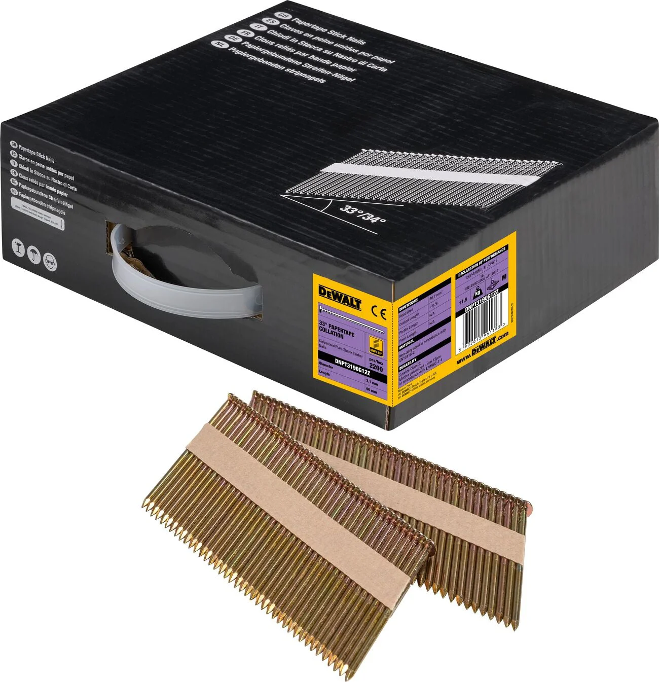 DeWALT DNPT3190G12Z 33º Papiergebonden Spijkers 3.1x90mm Verzinkt / Recht VE=2200