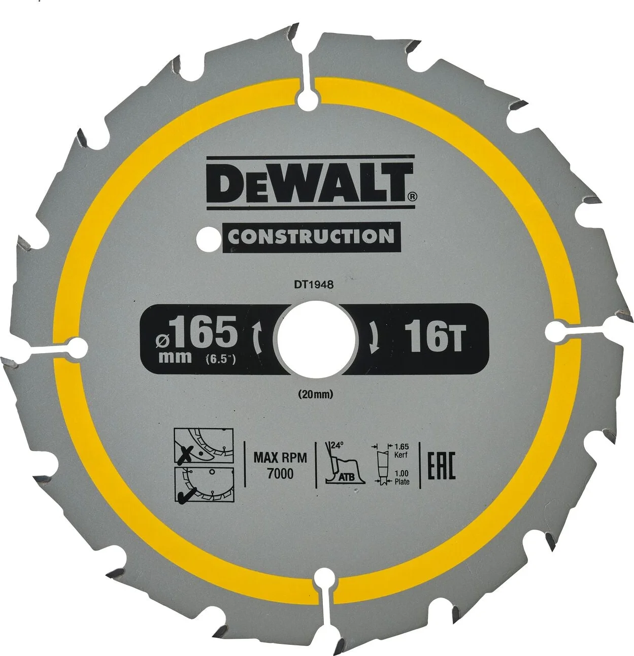 DeWALT Cirkelzaagblad voor Hout | Construction | Ø 165mm Asgat 20mm 16T - DT1948-QZ