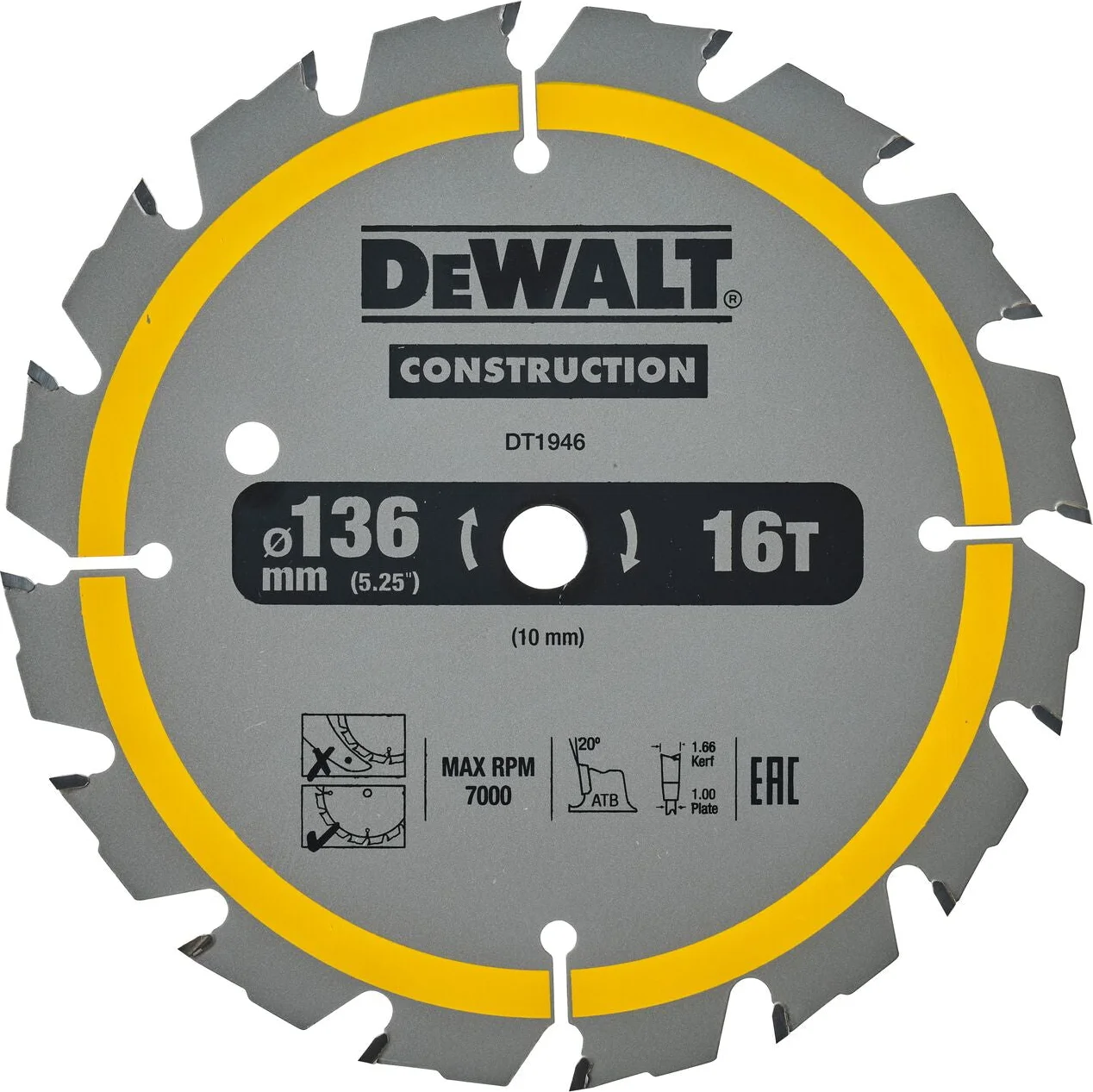 DeWALT Cirkelzaagblad voor Hout | Construction | Ø 136mm Asgat 10mm 16T - DT1946-QZ