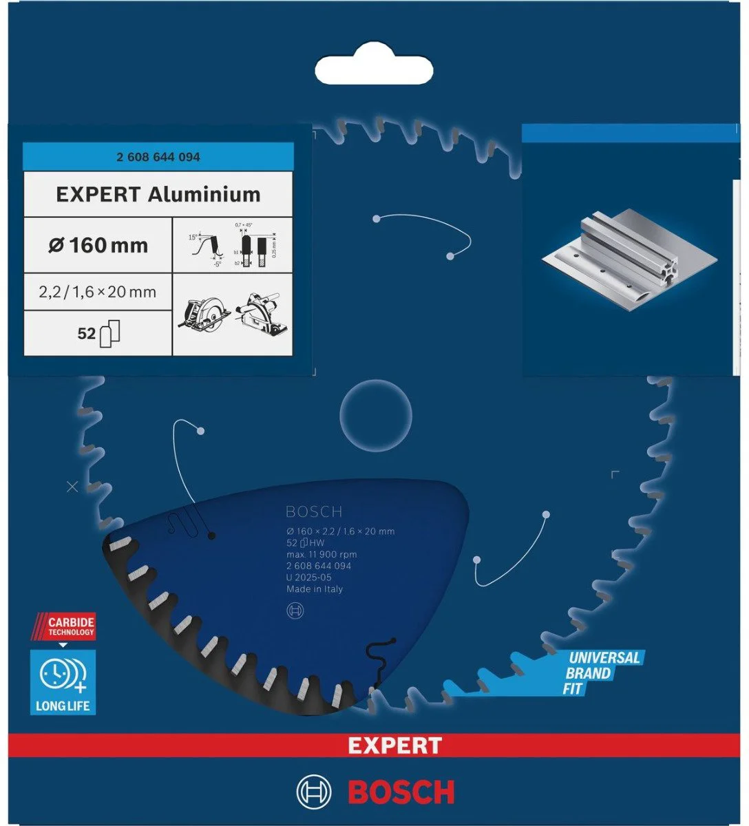 Bosch Professional Cirkelzaagblad EXPERT Aluminium | Ø 160 x 2,2 x 20mm 52T - 2608644094