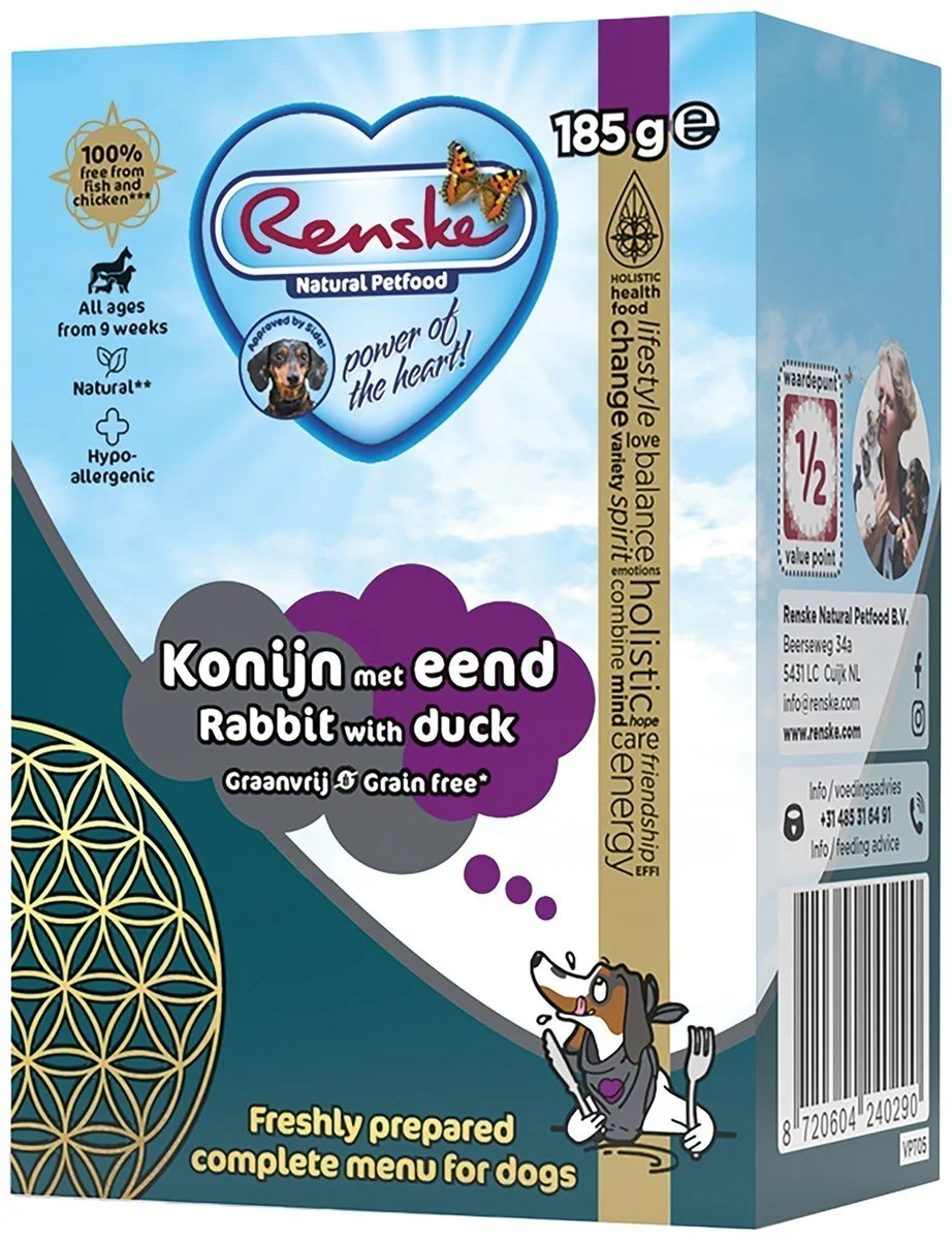 24x Renske Vers Graanvrij Tetra Hondenvoer Nat Konijn met Eend 185 gr