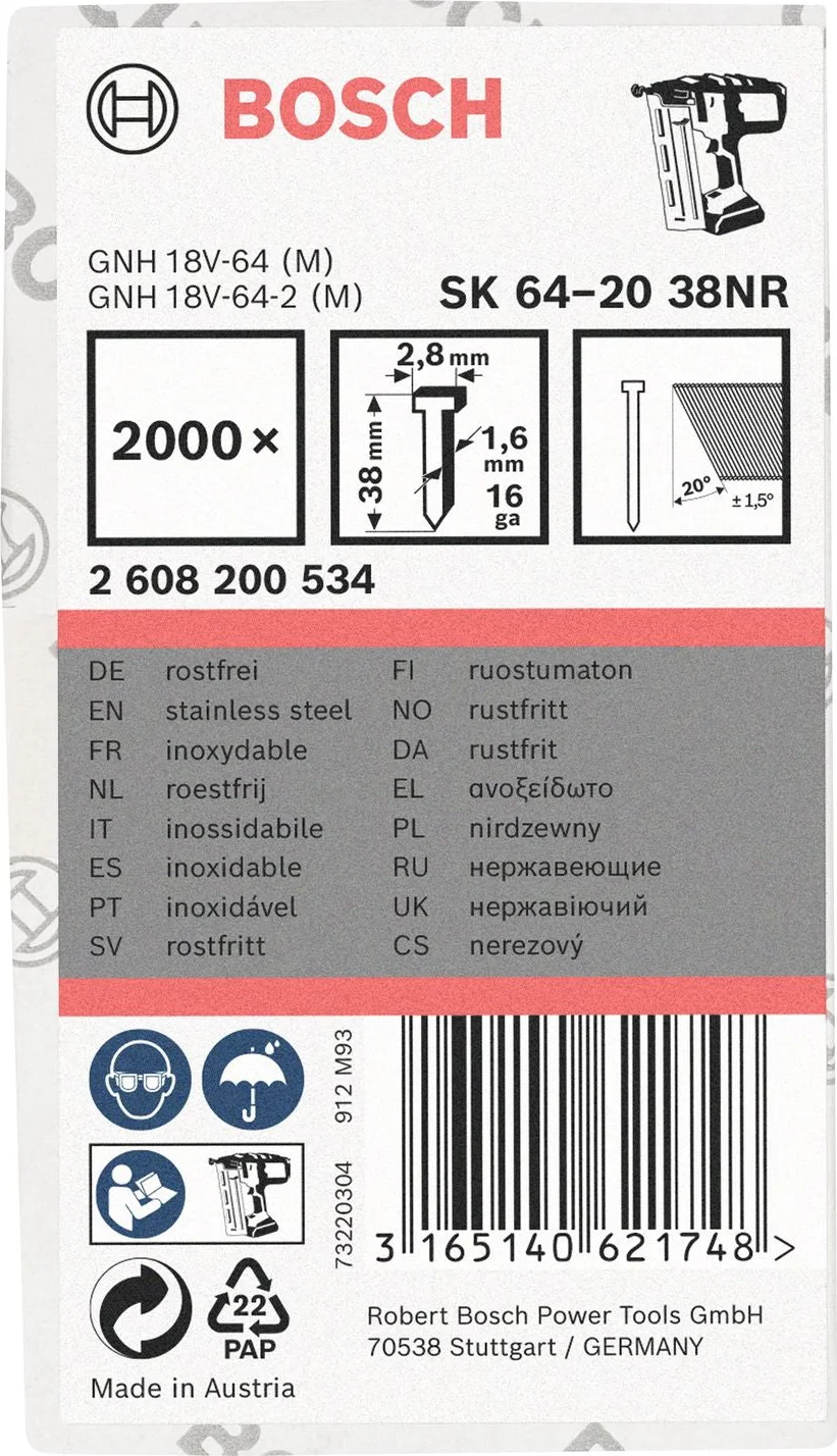 Bosch Professional Afwerknagel RVS 38mm 20° 16Ga VE=2000 - 2608200534