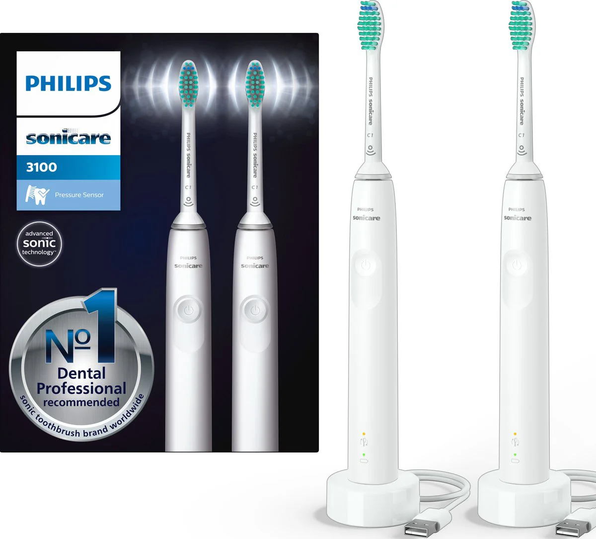 Philips Sonicare Elektrische Tandenborstel Series 3100 Wit Duopack HX3675/13 2 stuks