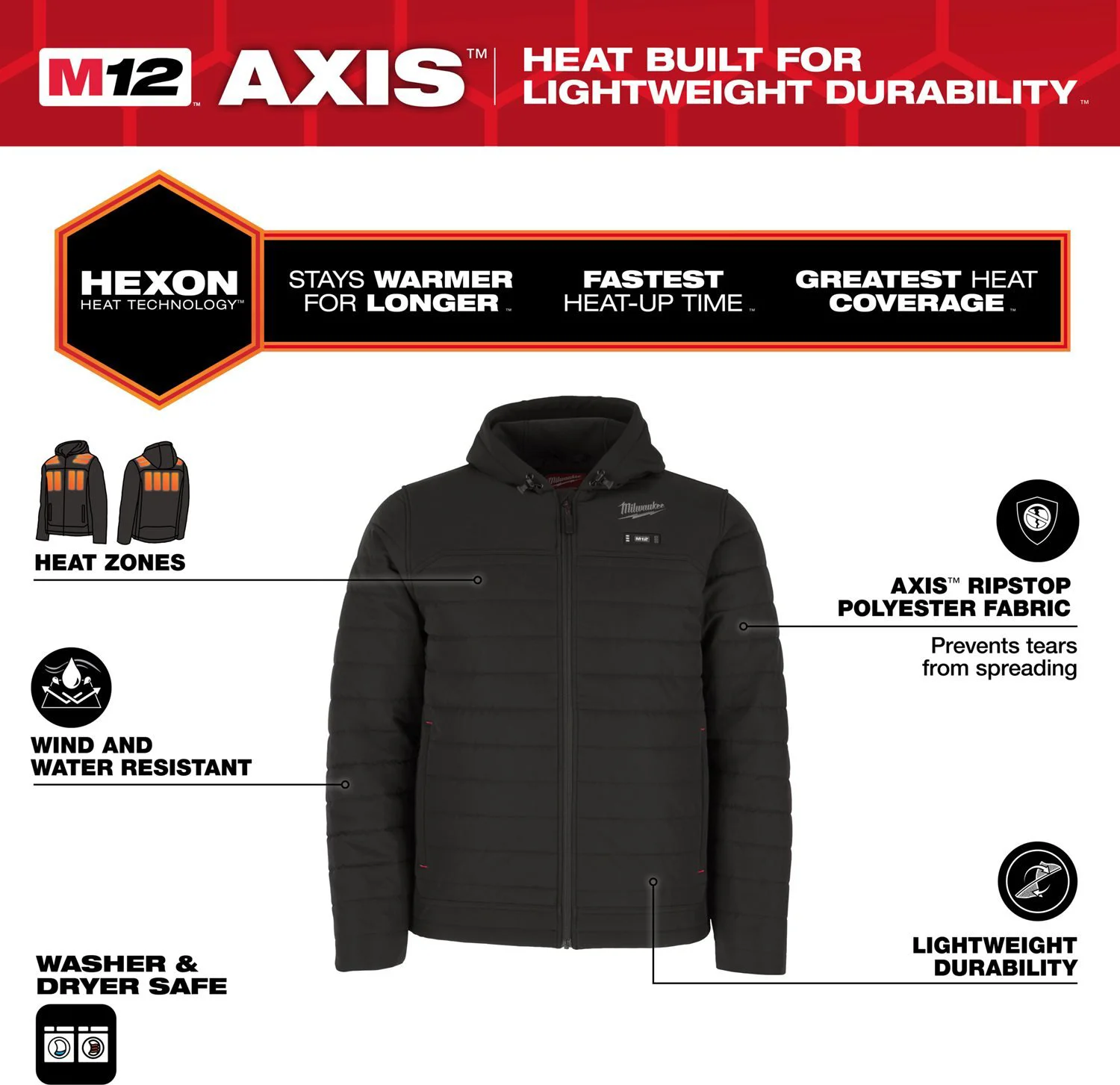Milwaukee M12™ HPJBL3-0 (XXL) HEXON Verwarmde pufferjas zwart - 4932493841