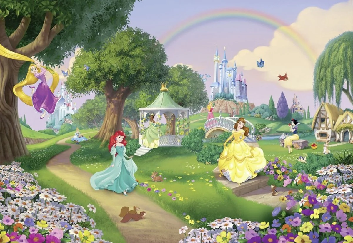 Fotobehang Prinsessen - Rapunzel - Ariel - Belle - Tiana - Kasteel tuin - regenboog - bloemen - Disney behang - fotowand - 368 x 254 cm - Komar Disney 4