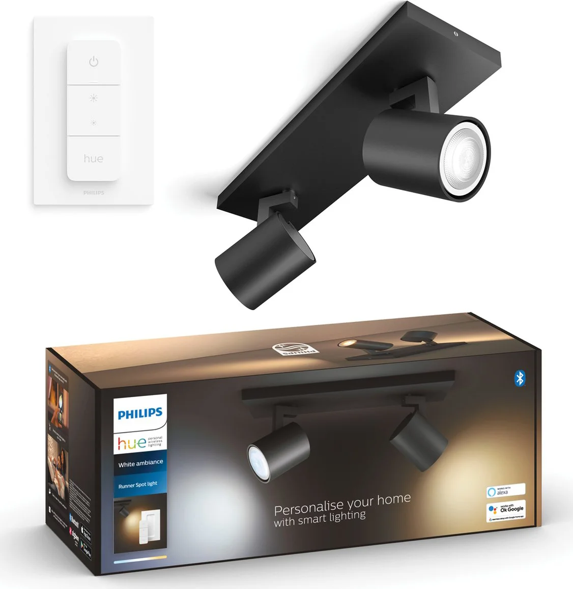 Philips Hue Runner opbouwspot White Ambiance - 2 Spots - Zwart + Dimmer