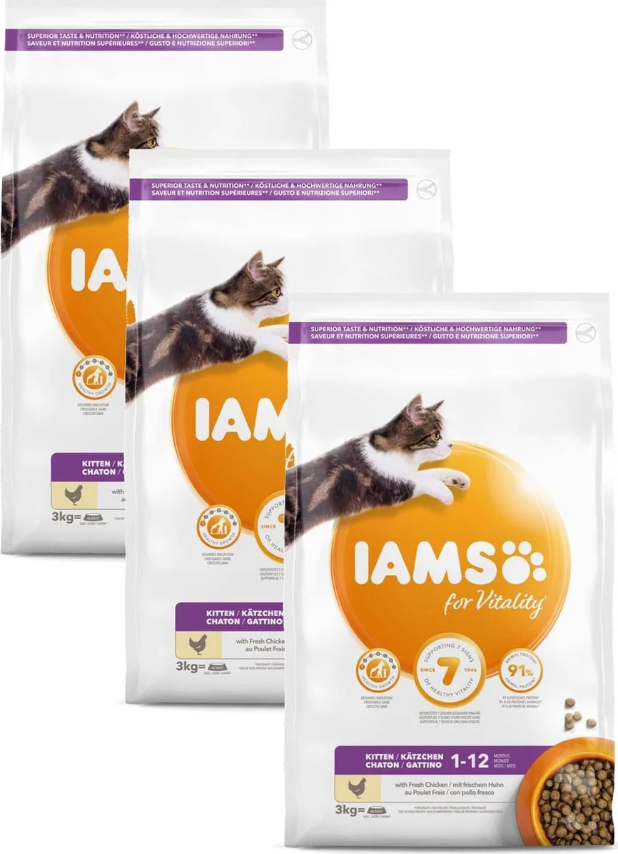 3x IAMS Kat Kitten/Junior Kip 3 kg