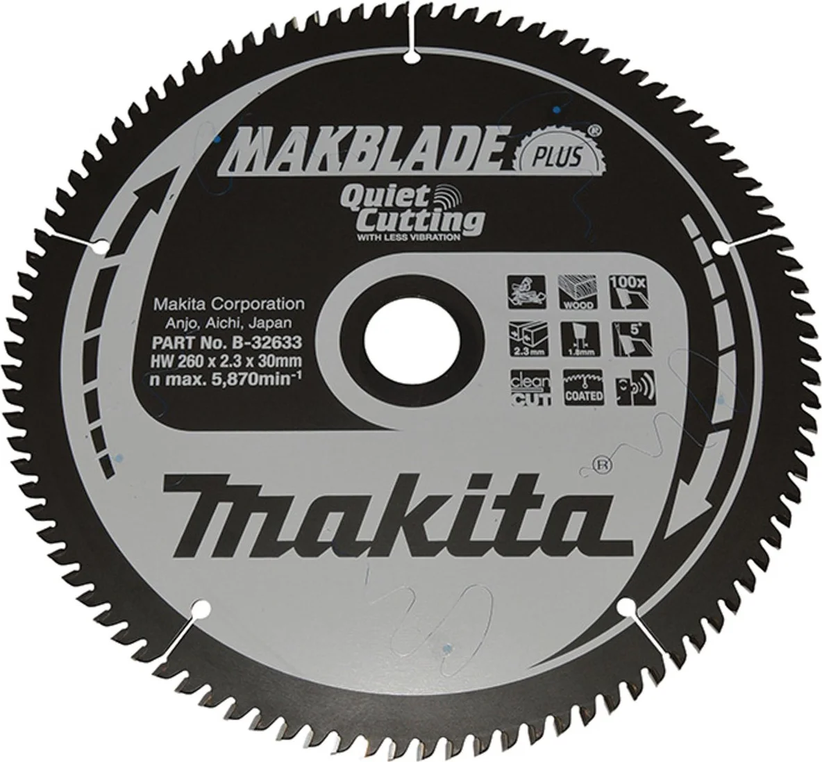 Makita B-32633 Afkortzaagblad Hout | Makblade-Plus | 260 x 30 mm | 100-tands