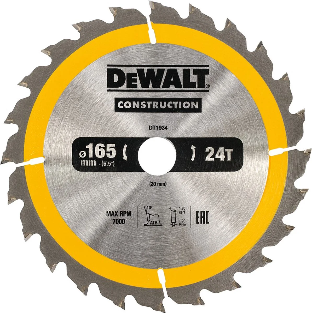 DeWALT Cirkelzaagblad voor Hout | Construction | Ø 165mm Asgat 20mm 24T - DT1934-QZ