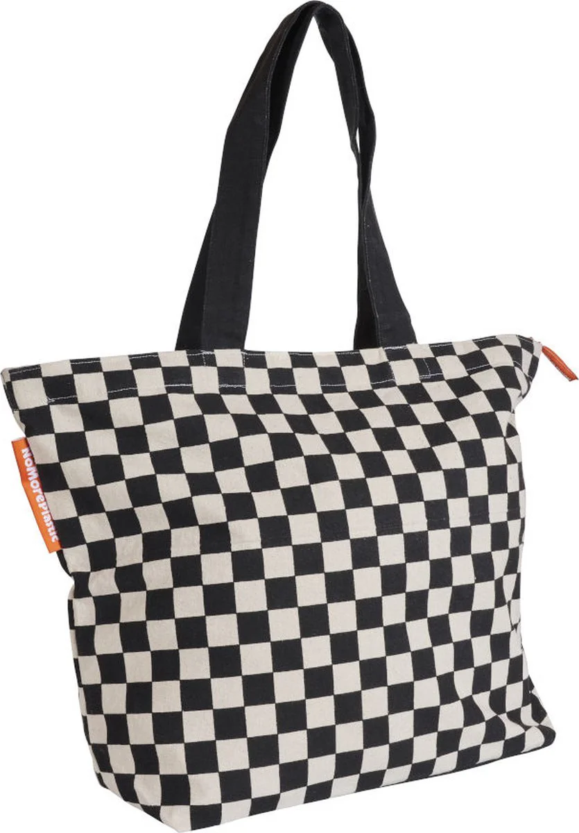 Boodschappentas met rits - Rich Black - Blokkenpatroon - Duurzaam - Gerecycled katoen - Cadeau voor vrouw