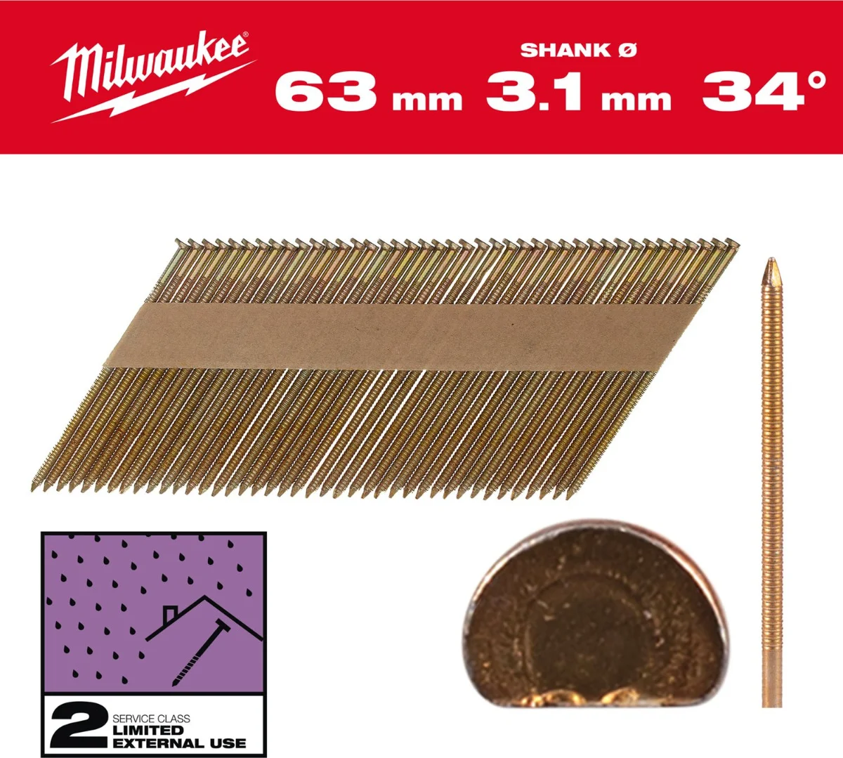 Milwaukee Nagels D-kop 34° 63x3,1mm | Ring Schacht | Gegalvaniseerd | VE=2200 - 4932492609